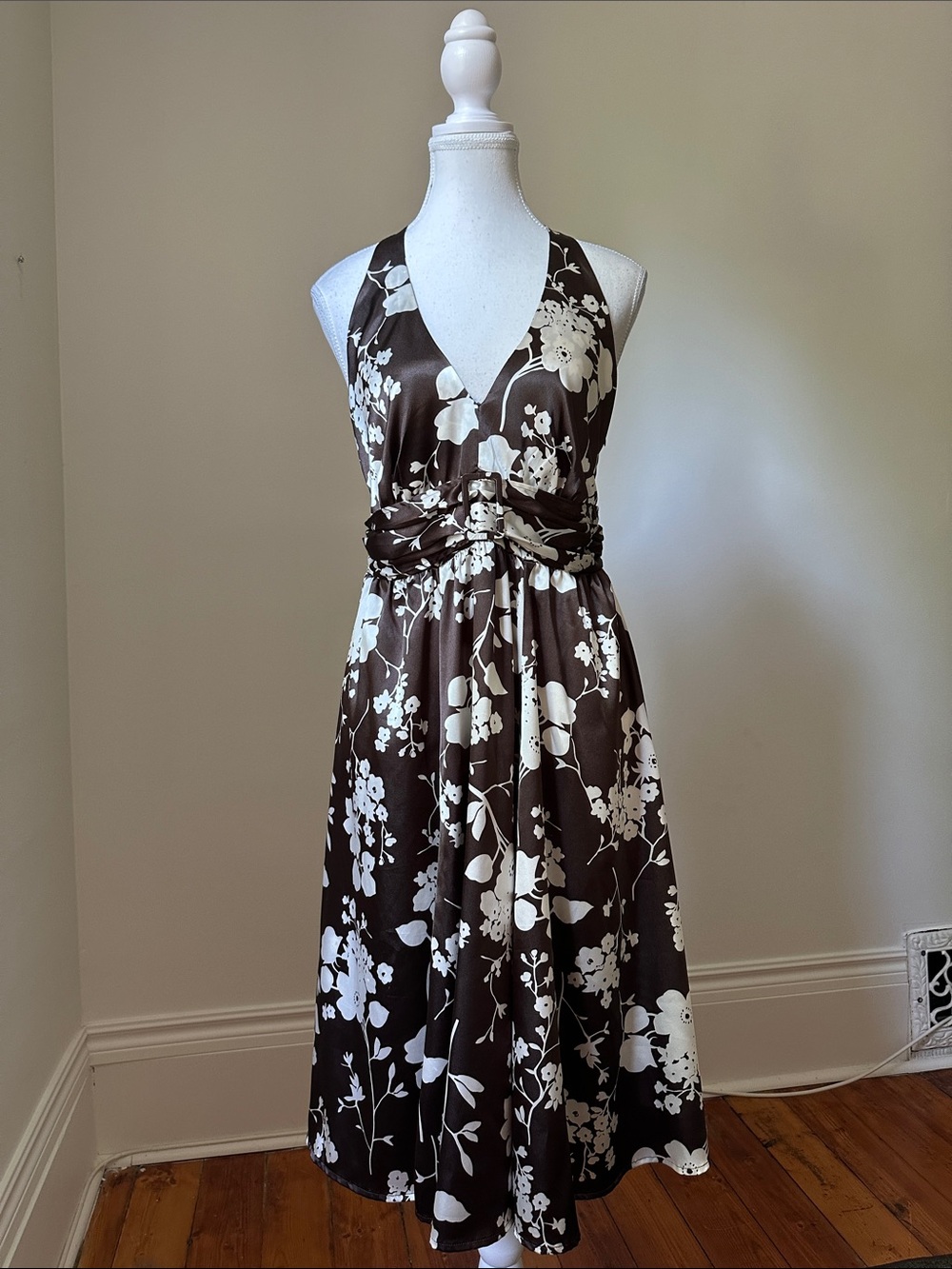 LE‎ CHATEAU Brown Y2K Satin Floral Halter Neck Belted Summer Midi Dress Medium